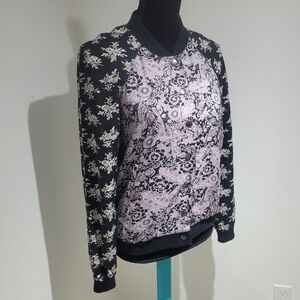 Free People Womens Floral Print Bomber Jacket Small Black Purple Boho Athleisure